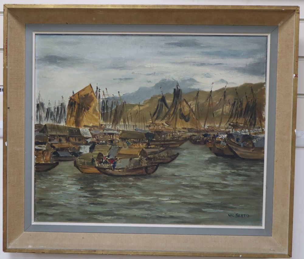 W. Szeto, oil on canvas board, Fishing boats in the harbour, signed, 51 x 61cm